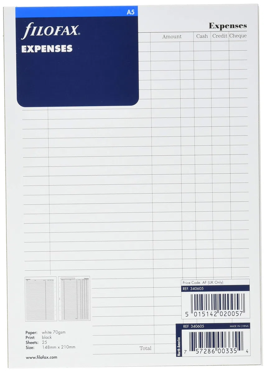 Filofax 340605 Feuille de calendrier pour gestion de dépenses A5 Blanc