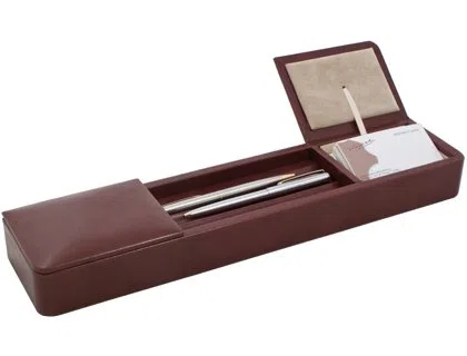 Organiseur de bureau artisanal en bois et doublé en similicuir 38,5 x 8,5 x 4,6 cm