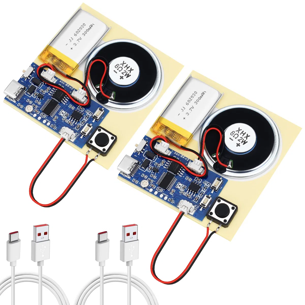 Lot de 2 modules d'enregistrement sonore, puce d'enregistrement vocal avec haut-parleur, câble de type C, fonction d'enregistrement facile, 16 minutes de musique pour des messages personnalisés