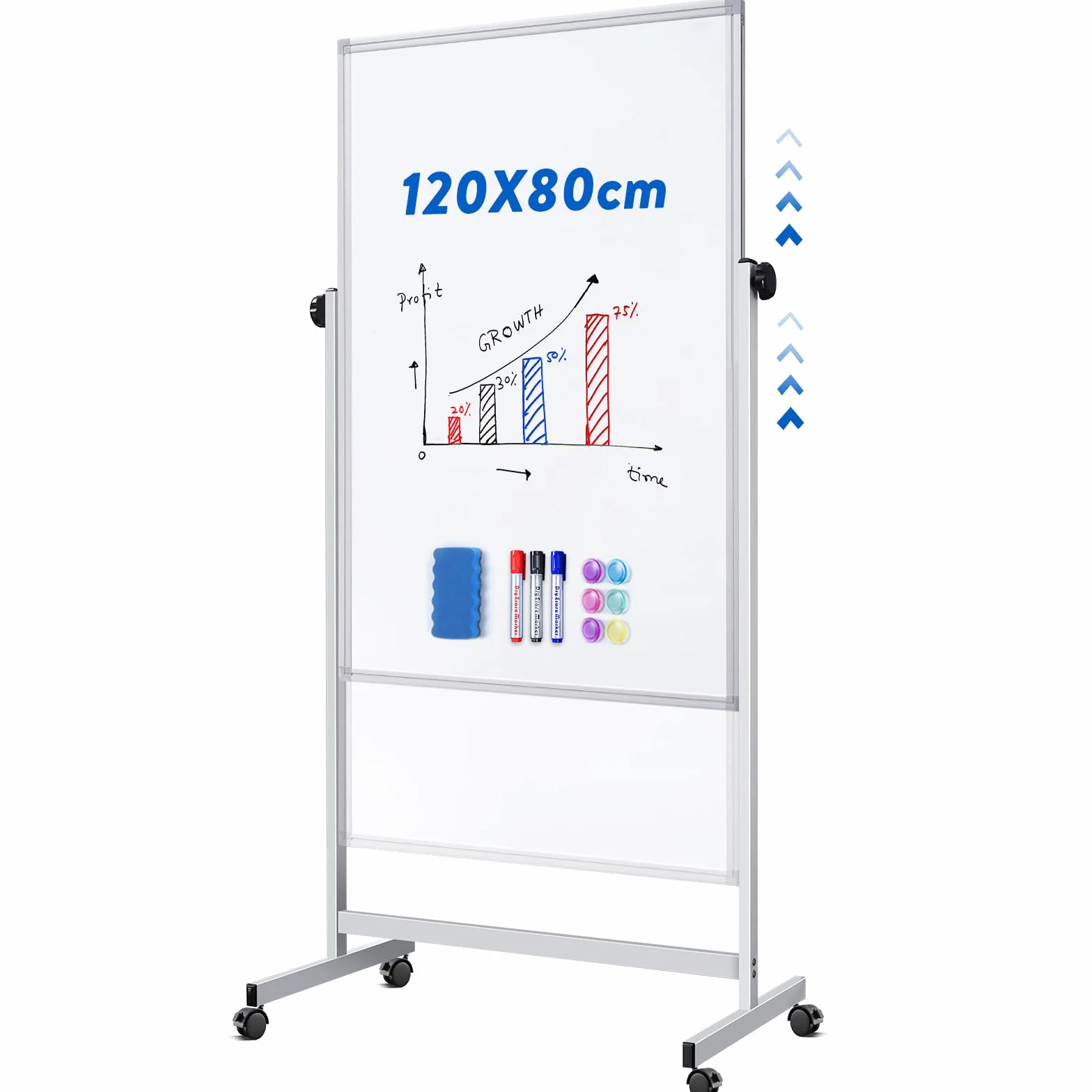 maxtek Tableau Blanc Effacable Sur Pied 120 X 80 cm, Réglable en Hauteur, Magnétique Whiteboard Double Face avec Support, Effaçable a Sec - Pour Bureau, Salle de Classe et Maison