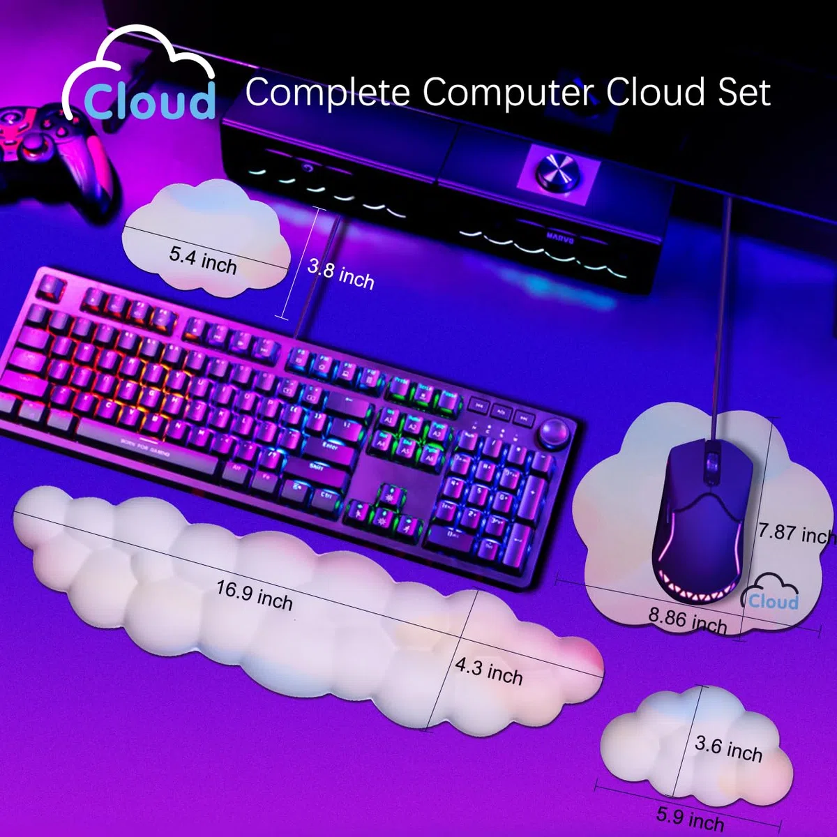 Repose-poignet en forme de nuage avec base antidérapante pour clavier d'ordinateur, repose-poignet de jeu, arc-en-ciel