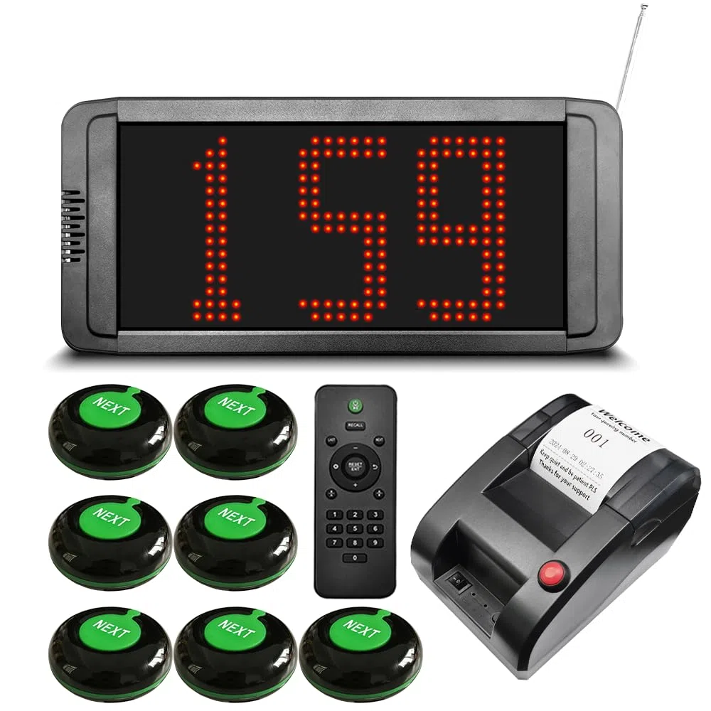 Take a Number System Système d'appel sans fil avec 1 affichage électronique des numéros 7 boutons d'appel suivants, 1 distributeur de tickets, 57 mm, rouleaux de papier thermique de reçus et 1