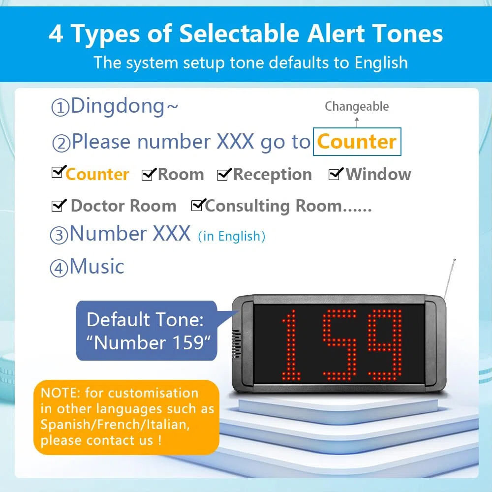 Take a Number System Système d'appel sans fil avec 1 affichage électronique des numéros 7 boutons d'appel suivants, 1 distributeur de tickets, 57 mm, rouleaux de papier thermique de reçus et 1