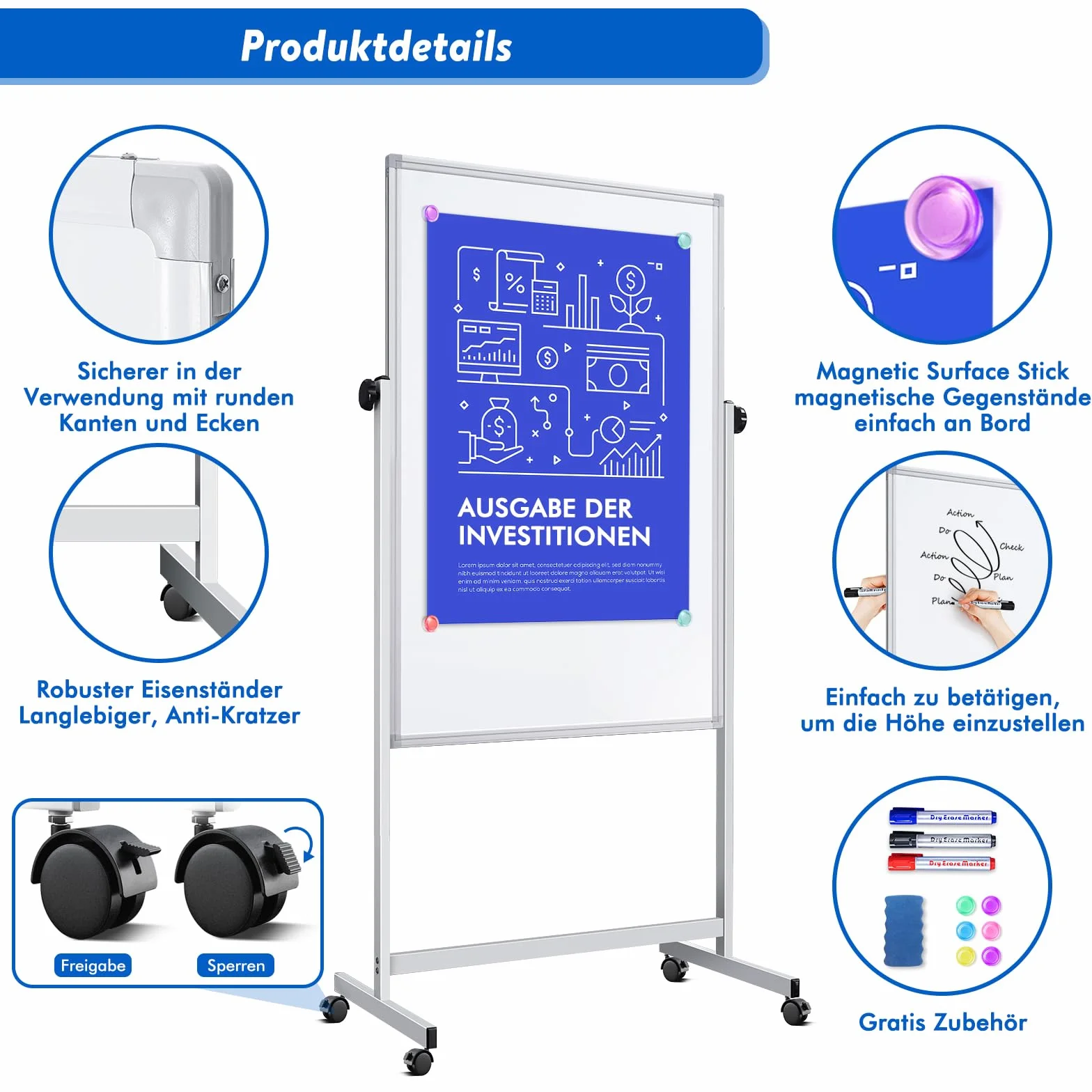 maxtek Tableau Blanc Effacable Sur Pied 120 X 80 cm, Réglable en Hauteur, Magnétique Whiteboard Double Face avec Support, Effaçable a Sec - Pour Bureau, Salle de Classe et Maison