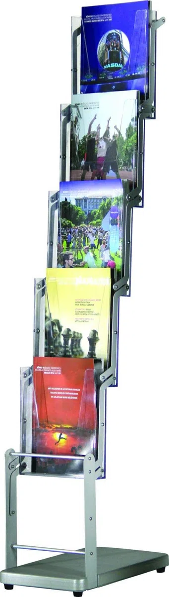 EUROPEL Porte-brochure sur pied, format 5 x A4, structure en aluminium pliable, bacs en acrylique transparent, socle en MDF 18mm, présentation 1 côté, avec sac de rangement ou de transport