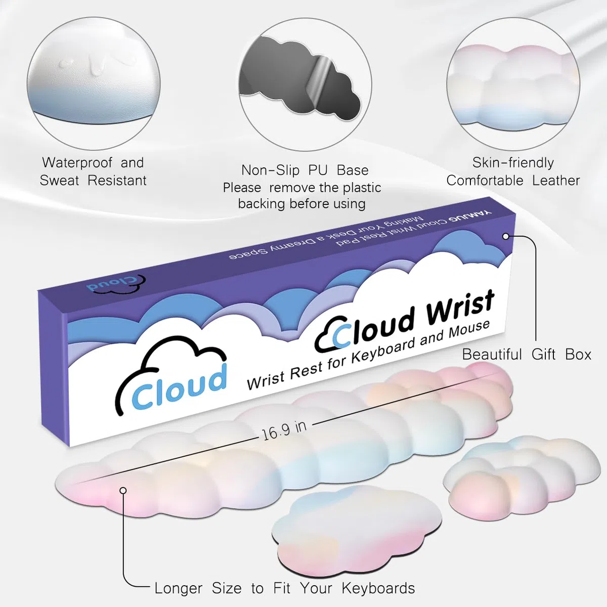 Repose-poignet en forme de nuage avec base antidérapante pour clavier d'ordinateur, repose-poignet de jeu, arc-en-ciel