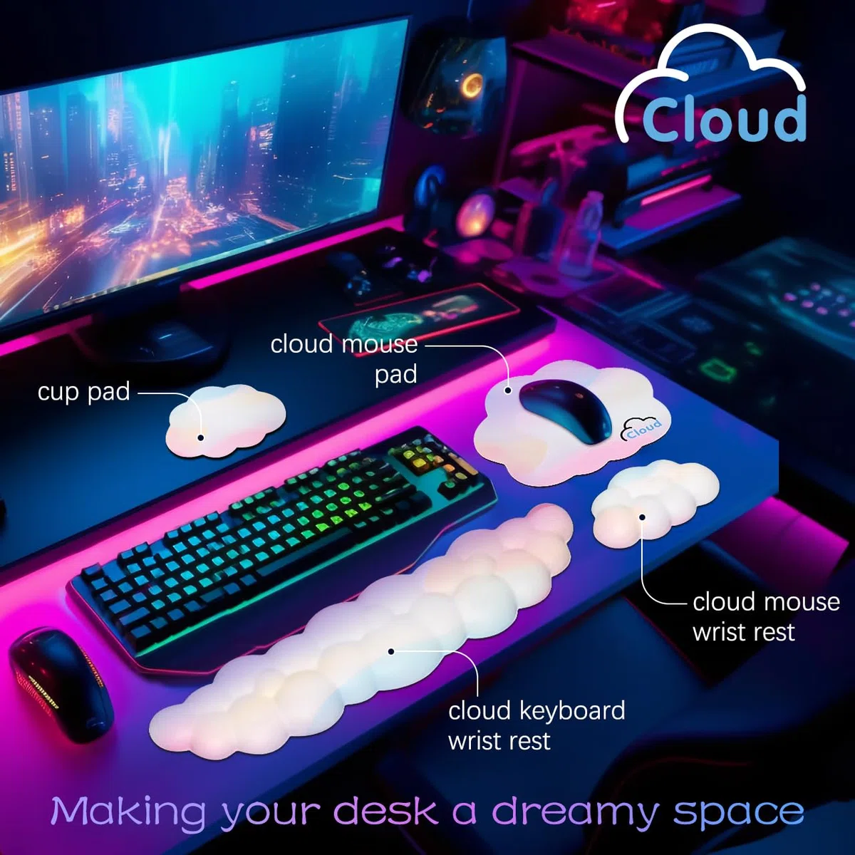 Repose-poignet en forme de nuage avec base antidérapante pour clavier d'ordinateur, repose-poignet de jeu, arc-en-ciel