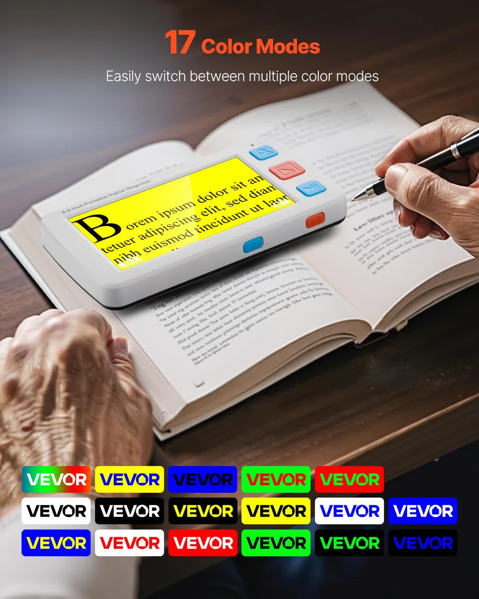 VEVOR Loupe Numérique Portable, Loupe Électronique HD 5 Pouces, Aide à la Lecture de Basse Vision, Zoom 4X - 32x, avec 17 Modes Couleur, Sortie AV, Poignée Pliable, Écran LCD 5 Niveaux de Luminosité