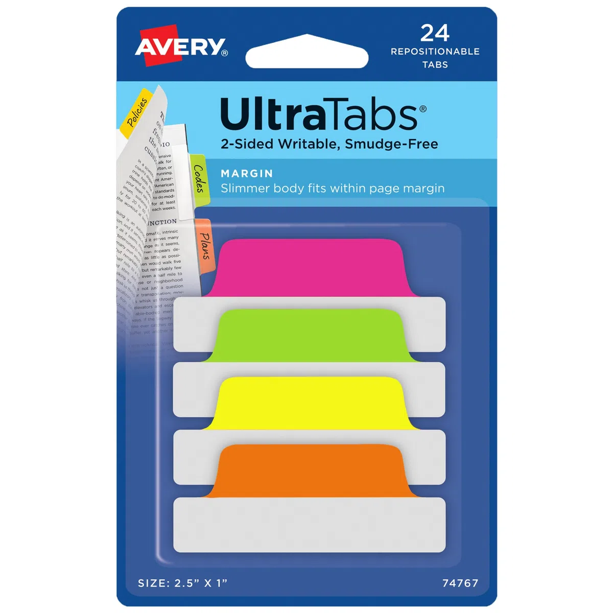 Avery Margin Ultra Tabs, 6,3 x 2,5 cm, inscriptible des 2 côtés, couleurs fluo, 24 onglets repositionnables, 72 paquets (74767)