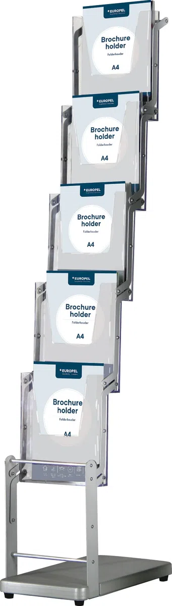 EUROPEL Porte-brochure sur pied, format 5 x A4, structure en aluminium pliable, bacs en acrylique transparent, socle en MDF 18mm, présentation 1 côté, avec sac de rangement ou de transport