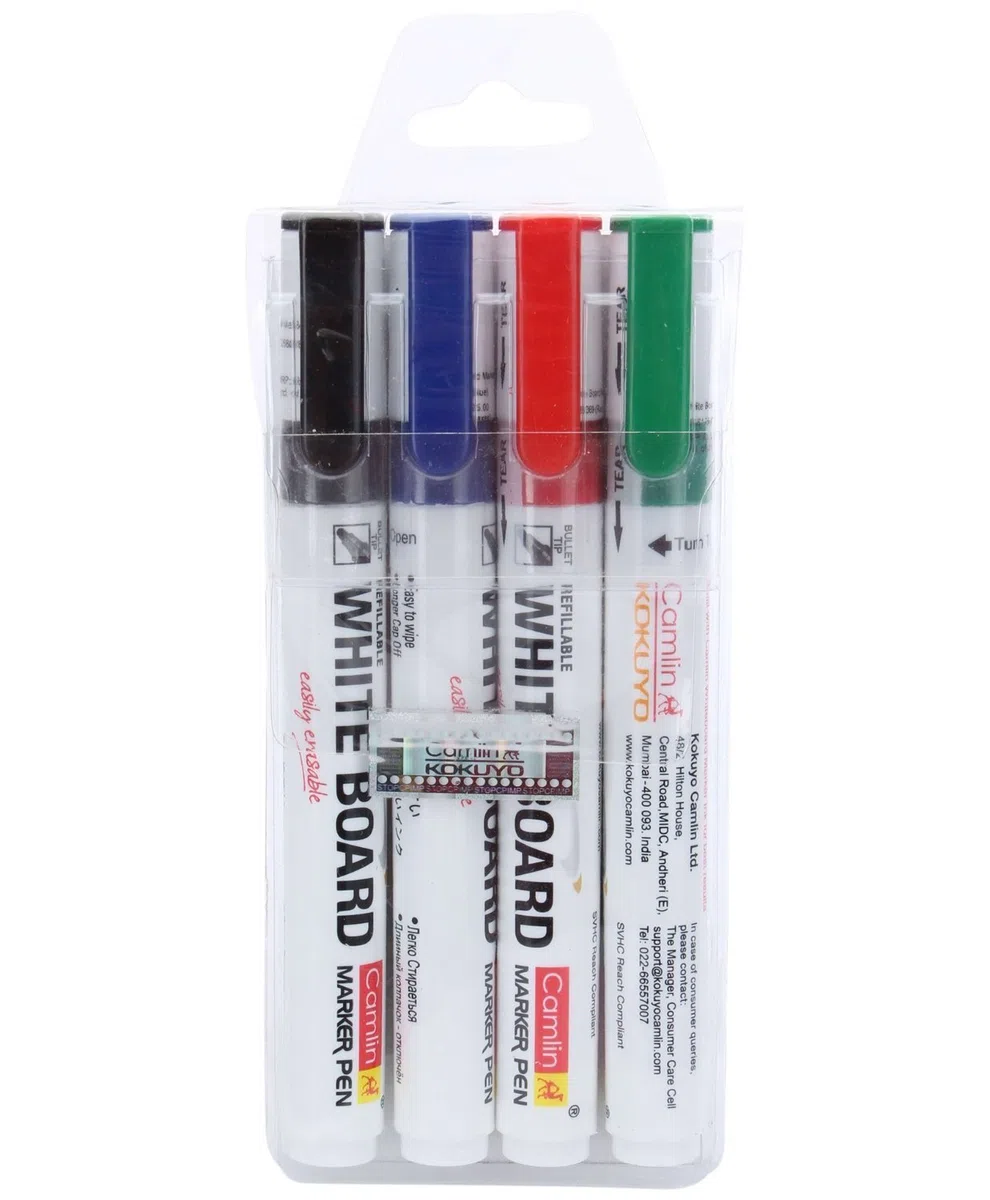 Camlin PB marqueur de tableau blanc – lot de 4 couleurs assorties (Noir, Bleu, Rouge, Vert)