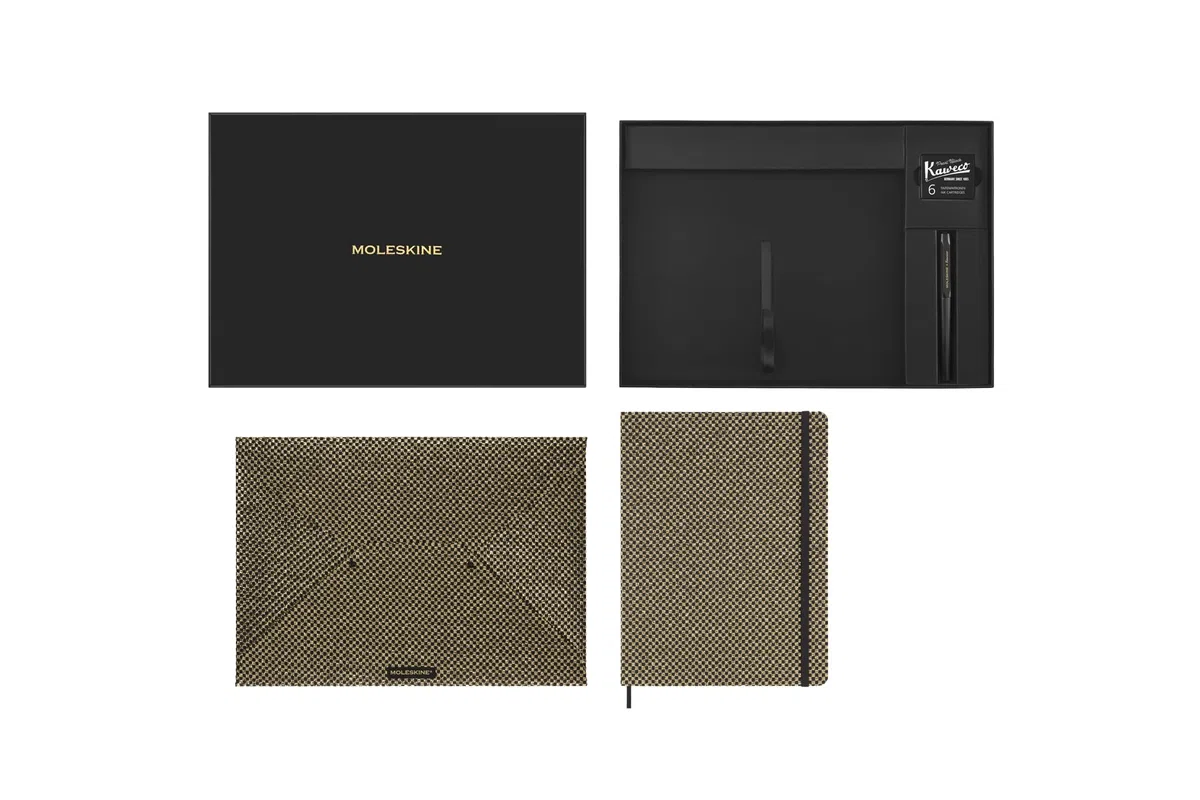 Moleskine Shine Sammlerbox: undatierter Wochenkalender Gold Umschlag Kaweco Füllfederhalter schwarz