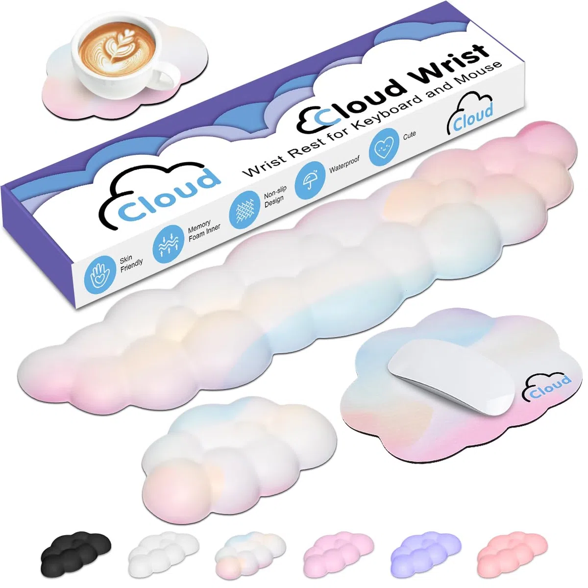 Repose-poignet en forme de nuage avec base antidérapante pour clavier d'ordinateur, repose-poignet de jeu, arc-en-ciel
