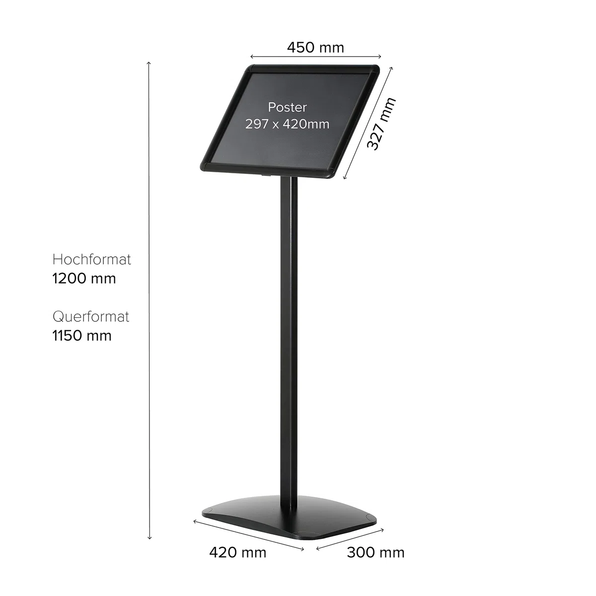Support d'information DIN A3 pour platine 297 x 420 mm Noir Hauteur totale 1,20 m Plaques de pieds en aluminium résistant à la rouille. utilisation en format portrait ou paysage