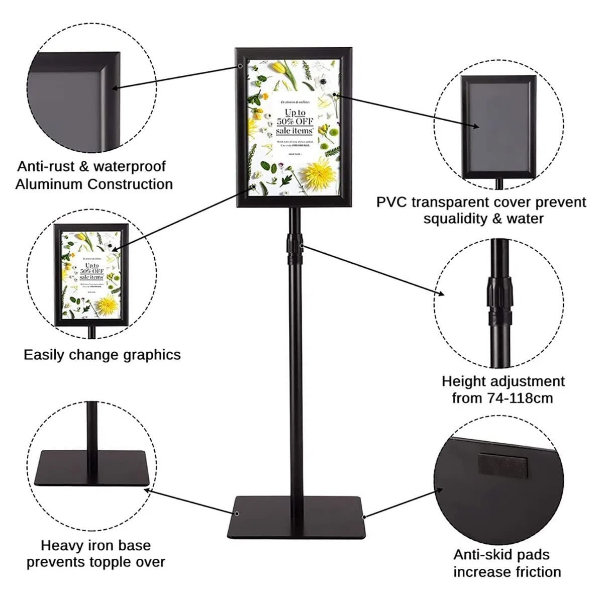 Support de panneau sur pied réglable – Cadre en aluminium robuste pour affichages verticaux et horizontaux, support de sol durable pour affiches et panneaux